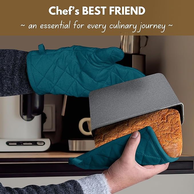 Native Fab Pot Holders and Oven Mitts Sets for Kitchen Heat Resistant - Hanging Non-Slip - 100% Cotton Kitchen Oven Mitts and Pot Holders 4 Piece Set - Teal - Image 3