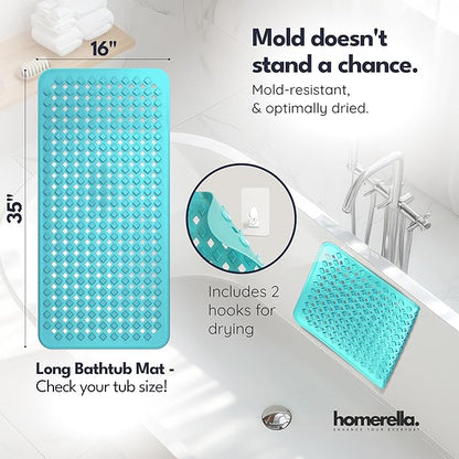 Bathtub Mat Non Slip 35x16 - homerella® Bath Mat Incl. Hooks for Drying, Extra Long, 100% BPA Free, Shower Mat Non Slip Anti Mold, Machine Washable, Shower Mats for Inside Shower Mildew Resistant