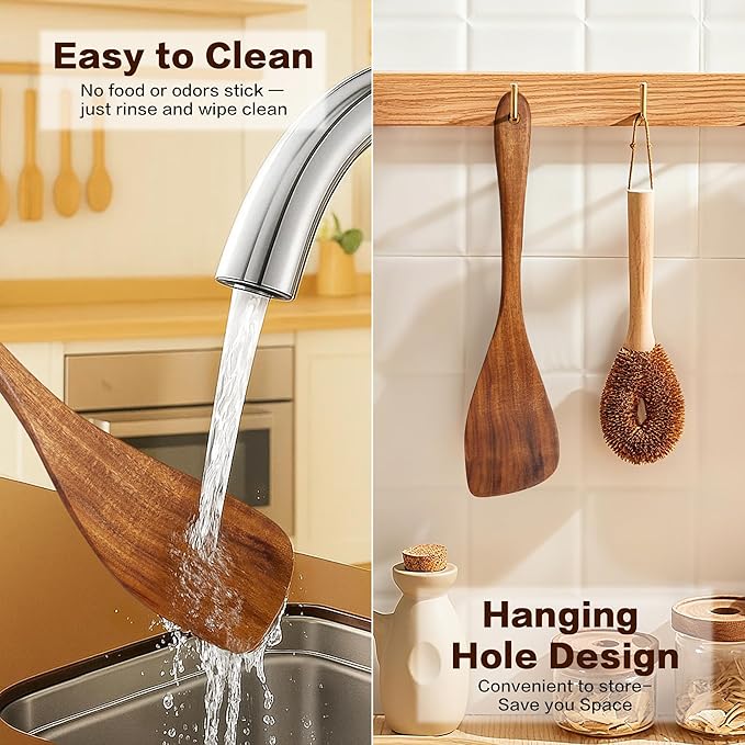 Jilla-hla Wooden Spatula Nonstick Turner Acacia Wood, Right Long Handle Flat Frying Spatulas Handmade for Mother Wife Grandma Her Kitchen Gift, Ideal Cookware Utensils for Cooking Eggs, Fish, Pancakes - Image 7