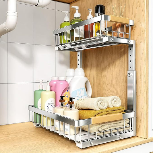 PXRACK Under Sink Organizer, Adjustable Height, 2 Tier Pull Out Cabinet Organizer, Slide Out Thickened Metal Storage for Kitchen Bathroom Laundry Pantry Cabinet, Stainless Steel, Silver, Large-1-Pack by PXRACK