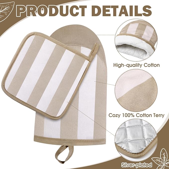 4 Pcs Pot Holders and Oven Mitts Set for Kitchen, Hot Pads Oven Mitten Heat Resistant Dorm Essentials First Day of School Back to School Gift Cotton Terry Outdoor Indoor Garden Baking Cooking(Brown) - Image 3
