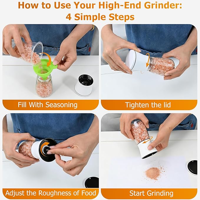 R DRURLCD White Salt and Pepper Grinder Set of 2, Manual Ceramic Spice Mills with Stainless Steel & Glass Body, Adjustable Grinding for Kitchen Decor & Gifts