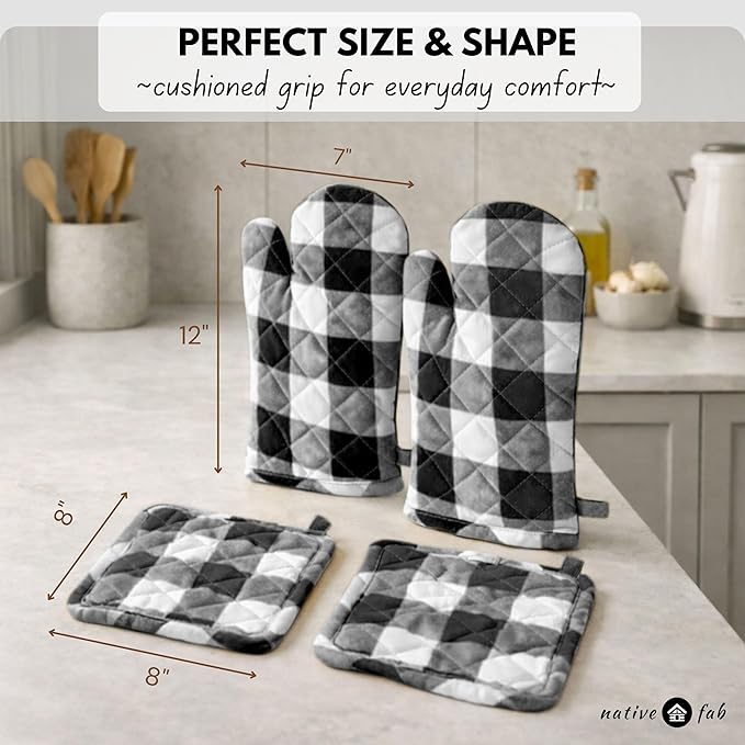 Native Fab Buffalo Plaid Check Oven Mitts and Pot Holders Set of 4, 100% Cotton Heat Resistant Kitchen Gloves, 2 Oven Mitts (7x13), 2 Pot Holders (8x8) for Cooking & Baking, Black White - Image 3