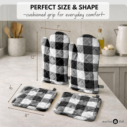 Native Fab Buffalo Plaid Check Oven Mitts and Pot Holders Set of 4, 100% Cotton Heat Resistant Kitchen Gloves, 2 Oven Mitts (7x13), 2 Pot Holders (8x8) for Cooking & Baking, Black White - Image 3