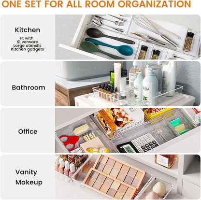 Criusia 16 Pack Large Clear Plastic Drawer Organizer Bins - 5 Size Acrylic Bathroom and Vanity Organizers and Storage Trays for Makeup Office Home, Kitchen Drawer Organizer for Utensils, Gadgets - Image 3