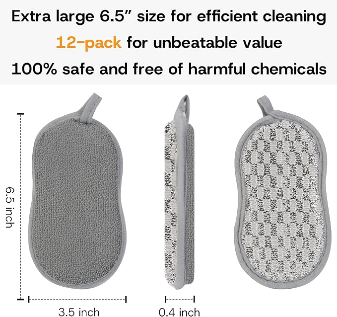 Multi-Purpose Scrub Kitchen Sponges – 12 Pack Dish Sponge, Dual-Sided Non-Scratch Microfiber & Metal Scrubber, Reusable Sponges for Dishes, Pots, Glass, Sink, Stovetop & Bathroom (Gray) - Image 7