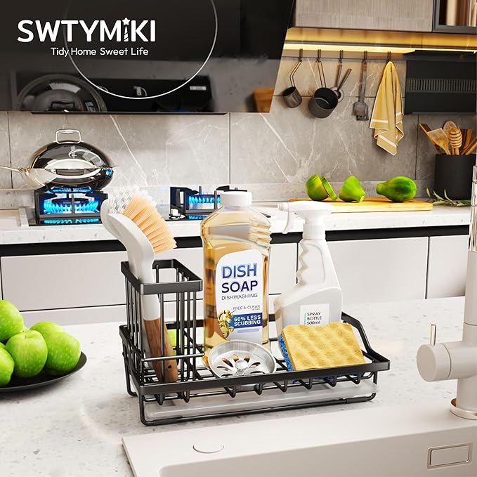 SWTYMIKI Large Sink Caddy Kitchen Sink Organizer with Detachable Brush Holder, Stainless Steel Sponge Holder with Removable Drip Tray Sponge Caddy for Kitchen Countertop, Black - Image 2