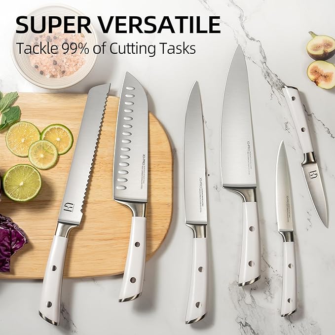 Knife Set, Premium 15 Piece Japanese High Carbon Stainless Steel Knives Set for Kitchen with Block and Sharpener, Razor Sharp Kitchen Knife Block Sets with Ergonomic Full-tang Handle, White - Image 6