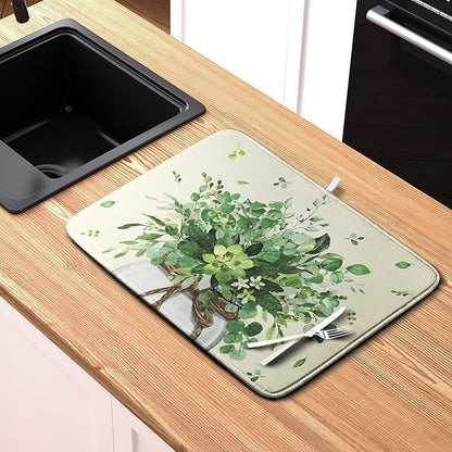 Spring Sage Green Leaves Dish Drying Mat for Kitchen Counter Eucalyptus Leaf Floral Mason Jar Dishes Drainer Mats Absorbent Microfiber Dish Draining Mat Washable Large Dish Pad 18x24 Inch - Image 6