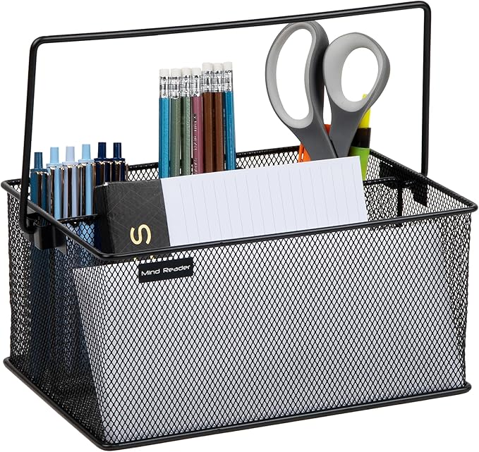 Mind Reader Multi-purpose Storage Caddy with Handle, Desktop Organizer, Cutlery Holder, 4 Compartments, Metal Mesh, Black - Image 4