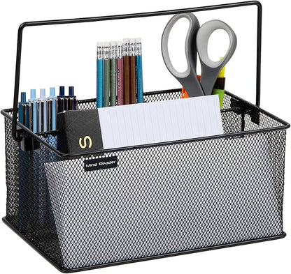 Mind Reader Multi-purpose Storage Caddy with Handle, Desktop Organizer, Cutlery Holder, 4 Compartments, Metal Mesh, Black - Image 4