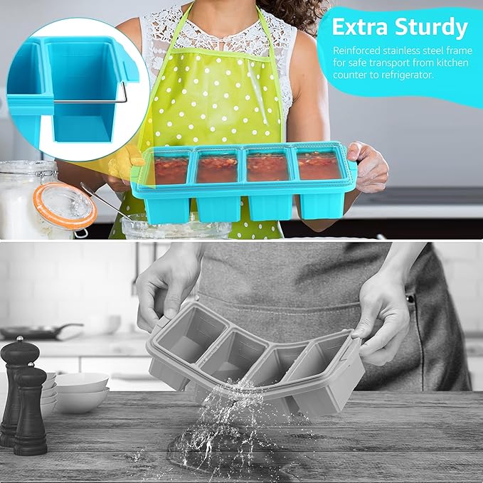 Ztomine Silicone Freezer Tray With Lid - Silicone Freezer Food Molds- Large Ice Cube Tray,4-Pack Silicone Freezer Container,Freeze & Store Soup, Sauce, Broth,Leftovers - Makes 4 Perfect 1 Cup - Image 4