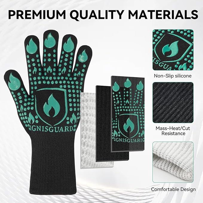 BBQ & Grill Gloves, Oven Gloves, 1472°F Silicone Oven Mitts Heat Resistant Grilling Gloves Fireproof Non-Slip for Barbecue Cooking Baking Smoking, 1-Pair (Green, Medium)