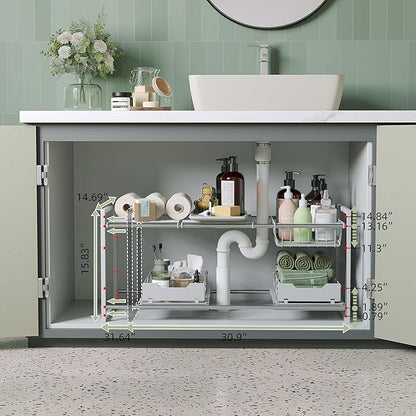 NETEL Under Sink Organizers and Storage,Kitchen Cabinet Organizer,2 Tier Under Sink Expandable Shelves，Bathroom Cabinet Organizer with Pull Out Drawers,(30.9-31.64)" W x 14.69" D x 15.83" H,White