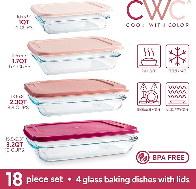 COOK WITH COLOR 8-Piece Deep Glass Baking Dish Set with Plastic Lids – Casserole and Food Storage Containers for Lasagna, Leftovers – Freezer-to-Oven, Microwave & Dishwasher Safe, Rose - Image 3