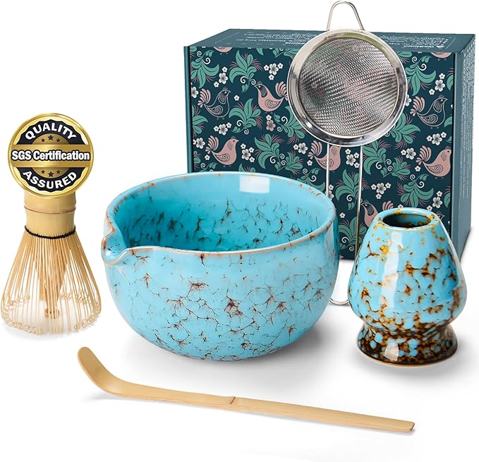 Matcha Bowl and Whisk Set, BPA-Free – Multi-Layer Ice-Crackle Ceramic Chawan with Spout, Bamboo Chasen, Holder, Scoop & Sifter | Japanese Ceremonial Matcha Tea Kit for Lattes & Beginners