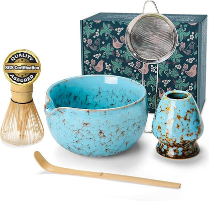 Matcha Bowl and Whisk Set, BPA-Free – Multi-Layer Ice-Crackle Ceramic Chawan with Spout, Bamboo Chasen, Holder, Scoop & Sifter | Japanese Ceremonial Matcha Tea Kit for Lattes & Beginners