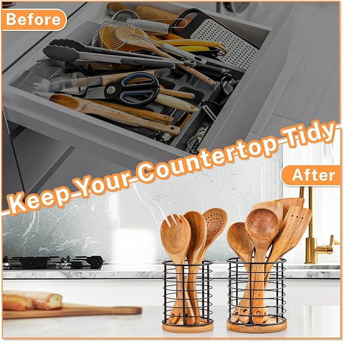 hunnycook 2-Piece Utensil Holders - 5.1*5.1*5.8 and 3.7*3.7*5.8 inches Kitchen Utensil Holders, Metal Black Crocks with Wooden Base, Easy to Drain - Image 5