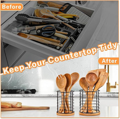 hunnycook 2-Piece Utensil Holders - 5.1*5.1*5.8 and 3.7*3.7*5.8 inches Kitchen Utensil Holders, Metal Black Crocks with Wooden Base, Easy to Drain - Image 5