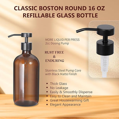 Ronasip Set of 5 Kitchen Soap Dispenser Set 16 Oz Glass Hand Dish Soap Dispenser with Stainless Steel Pump, Cement Tray, Dish Scrub Brush for Farmhouse Rustic Home Bathroom Decor (Brown)