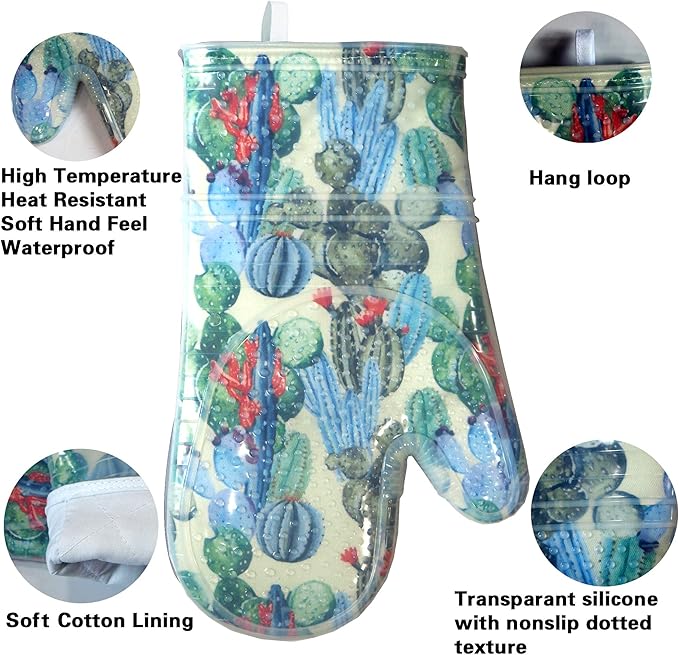 Oven Mitts Set of 2 with Transparent Clear Silicone Shell and Nice Cactus Flower Cotton Lining, Heat Resistant to 500 F Kitchen Oven Gloves Pot Holder for Cooking (Cactus Flower, Oven Mitts) - Image 3