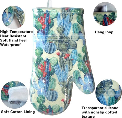 Oven Mitts Set of 2 with Transparent Clear Silicone Shell and Nice Cactus Flower Cotton Lining, Heat Resistant to 500 F Kitchen Oven Gloves Pot Holder for Cooking (Cactus Flower, Oven Mitts) - Image 3