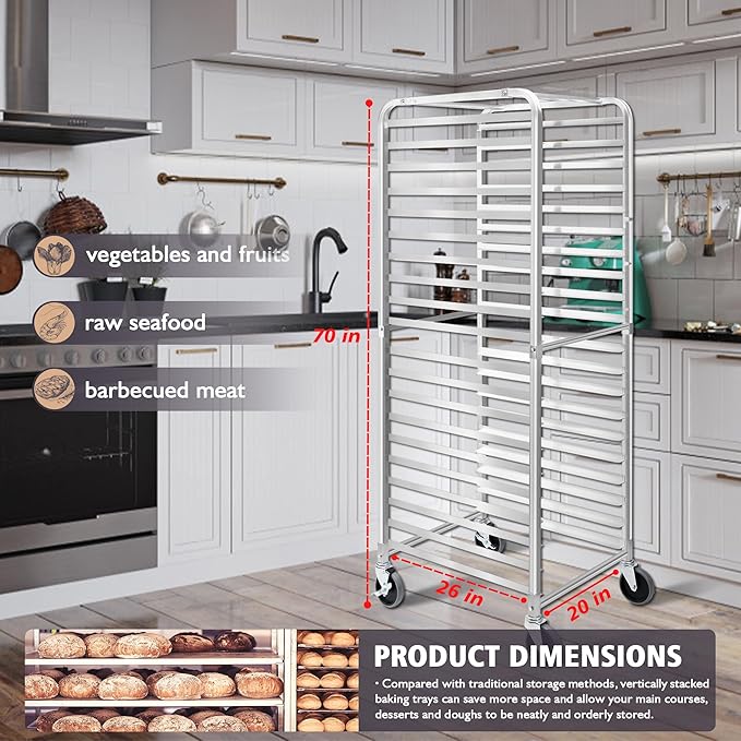 Bun Pan Rack, 20 Tier Bakery Rack with Wheels, Aluminum Sheet Pan Rack & Speed Rack for Full/Half Sheets, 26x20x70, for Home and Kitchen, Restaurant - Image 2