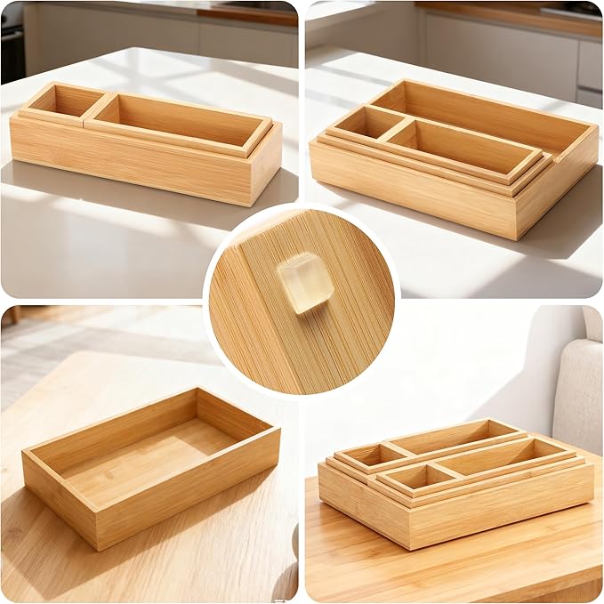 Bamboo Drawer Organizer Set, 14 PCS Multi-Use Individual Wood Storage Organizers, Junk Drawer Divider and Storage Trays Containers for Kitchen, Bathroom, Office Desk, Makeup, Jewelry, Utensils - Image 3