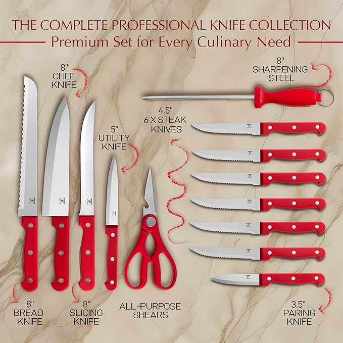 Moss & Stone 14 Pcs Knife Block Set Stainless Steel, Premium Forged Kitchen Knives Set with High-Carbon Blades, Ergonomic Handle, Sharp Blade, Rust Resistant, Modern Style for Home & Chef, Red - Image 3