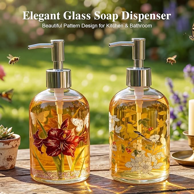 17oz Glass Soap and Lotion Dispenser Bottle with Rust Proof Plastic Pump Refillable Liquid Pump Bottle Great for Kitchen, Bath, Bathroom Accessories, Countertop, Set of 2