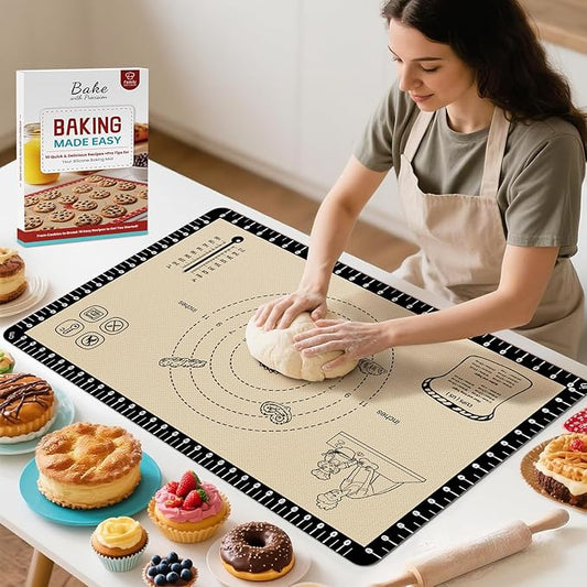 Silicone Baking Mat with 10 Recipes, Non Stick Silicone Pastry Mat, Kneading Dough Rolling Mat Silicone Mats for Baking Cookie, bread, Pizza, Surdough, Extra Thick Oven Mat & Dishwasher Safe by Bredominant