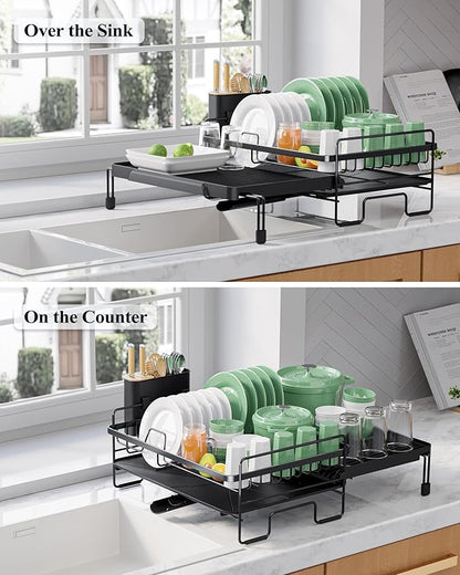 Kitsure Extendable Dish Drying Rack - Adjustable Length 12.8"–21.0", Auto-Draining Dish Rack for Kitchen Counter, Rust-Resistant Metal Frame Over-Sink Support for Plates, Bowls & Utensils, Black - Image 2