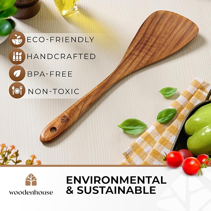 Wooden Spatula for Cooking, 12 Inch - Easy to Clean, Long-Lasting & Sturdy Natural Acacia Wood Spatula for Cooking - Wooden Spatulas with Comfortable Handle, Perfect for Flipping, Turning & Frying - Image 5