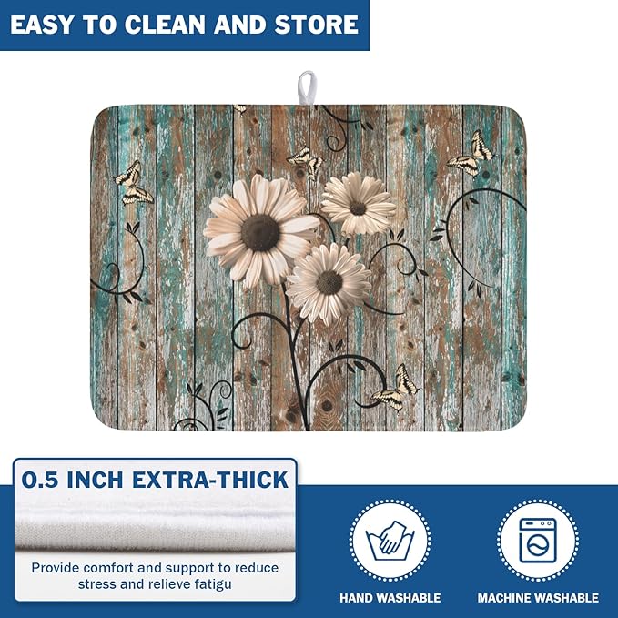 Dish Drying Mat for Kitchen Counter 18 x 24 Inch Rustic Vintage Daisy Floral Dish Drainer Mat Absorbent Microfiber Farmhouse Flowers Wooden Board Dish Rack Pad for Coffee Dining Bar Decor