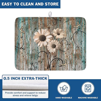 Dish Drying Mat for Kitchen Counter 18 x 24 Inch Rustic Vintage Daisy Floral Dish Drainer Mat Absorbent Microfiber Farmhouse Flowers Wooden Board Dish Rack Pad for Coffee Dining Bar Decor