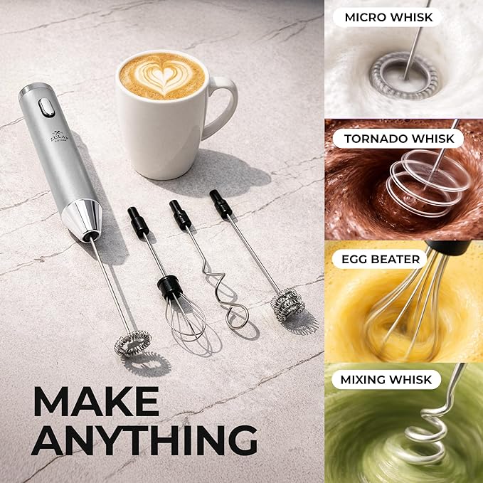 Zulay Kitchen Metal Rechargeable Milk Frother, 3 Whisk Attachments Handheld Frother Wand, 1800mAh USB-C Charging, Electric Drink Mixer for Protein, Matcha & Powders - One Charge Lasts up to 6 Months - Image 8