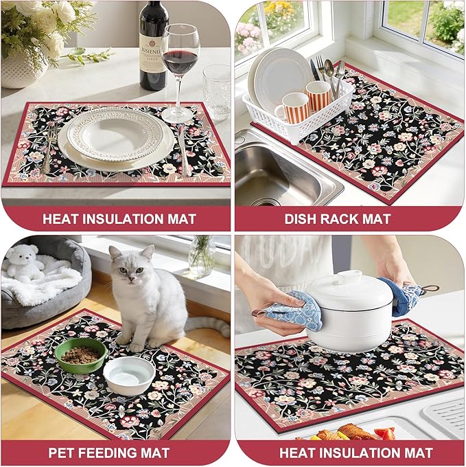 LOKHOM Floral Dish Drying Mat, 18"x24" Super Absorbent Non-slip Bordered Coffee Mat with Oil Painting Black Floral, Cuttable Hide Stain Drying Mat for Kitchen Counter Coffee Maker Espresso Machine - Image 7