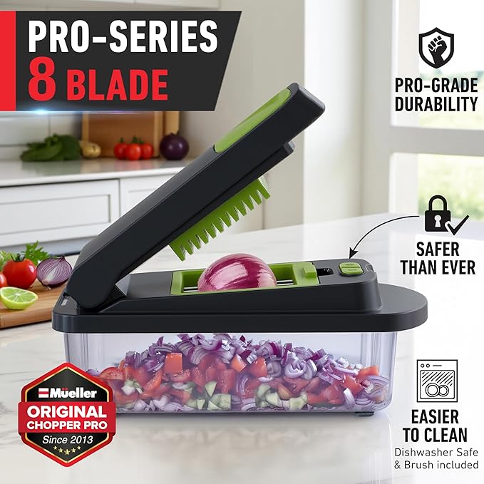 Mueller Pro-Series 10-in-1, 8 Blade Vegetable Chopper, Onion Mincer, Cutter, Dicer, Egg Slicer with Container, French Fry Cutter Potato Slicer, Home Essentials, Salad Chopper,Gray/Green - Image 2