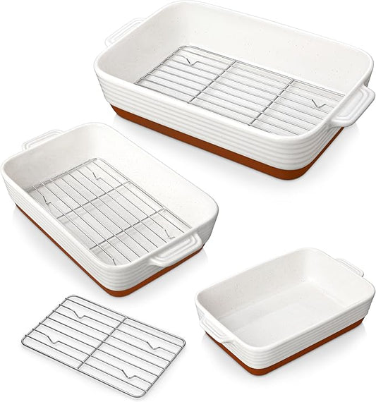MALACASA Casserole Dishes for Oven with Roasting Racks, Ceramic Baking Dishes Set of 3, Baking Pan Casserole Dish Set, Rectangular Lasagna Pan Deep with Handles for Baking, Khaki White (14.5''/13''/10.5''), Series TARA by MALACASA