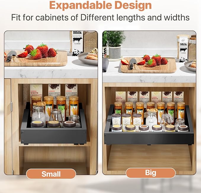 1 Pack Pull out Cabinet Organizer, Width (12"-19") Depth (17"-23"), with 3 Rails Adjustable Slide, Expandable Pullout Drawers for Cabinets, No Drill Adhesive Kitchen Drawers for Pantry Shelves - Image 8