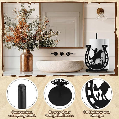 Horseshoe Western Paper Towel Holder Black Metal Farmhouse Napkin Holder Rustic Paper Towel Stand Kitchen Decor Accessories for Derby Horse Racing Decorations Western Farmhouse Decor