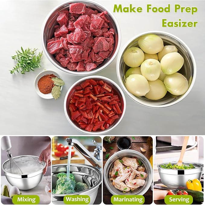 E-far Mixing Bowls with Lids Set of 5, Stainless Steel Mixing Bowls Metal Nesting Bowls with Airtight Lids, Non-toxic & Dishwasher Safe, Great for Cooking, Baking, Serving - Size 0.7/1/1.5/3/4.6QT - Image 5