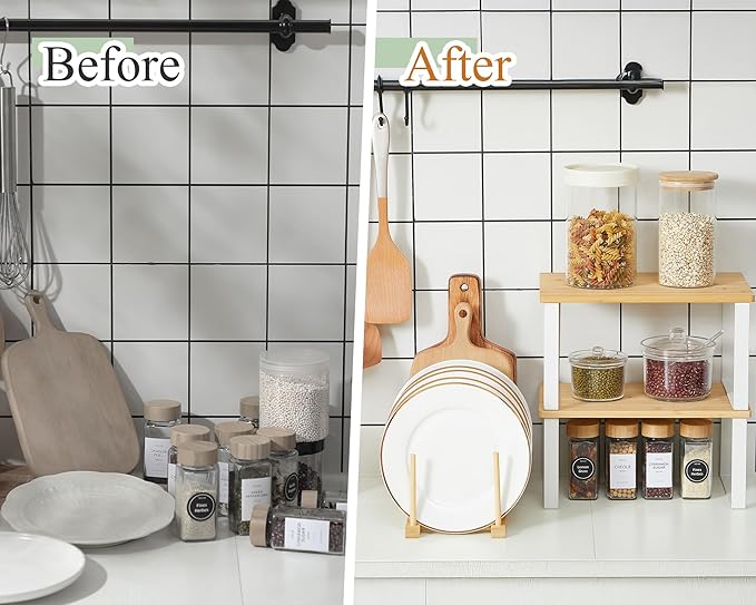 Marsui 4 Pcs Kitchen Organizer Accessories Set Cabinet Organizer Shelf and Bamboo Dish Drying Plate Rack Counter Shelves Storage Holder for Spice Rack, Dish, Pot Lid, Bowl, Cup(Wooden Color) - Image 3