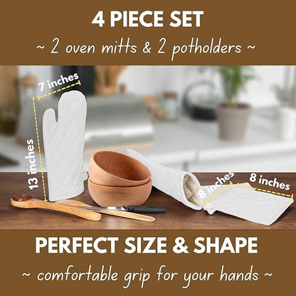 Native Fab 4 Piece Set - 2 Oven Mitts & 2 Potholders, Heat Resistant, 100% Cotton, Quilted Design, Non-Slip Grip, Machine Washable, Ideal for Baking, Cooking, BBQ, Kitchen Protection - White - Image 3