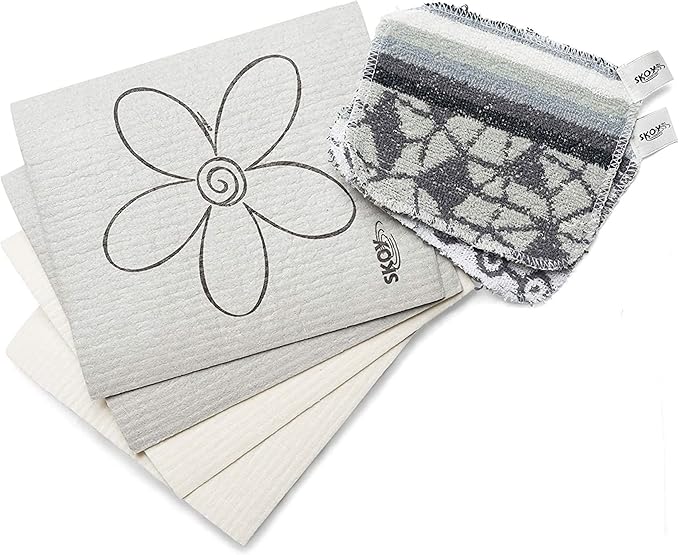 Skoy Bundle, 2-Pack Skoy Scrub, and 4-Pack Skoy Swedish Dishcloth, Reusable Cleaning Products for Kitchen and Household, Planet-Friendly, Dishwasher Safe Soft Scrub, Monochromatic Colors by Skoy