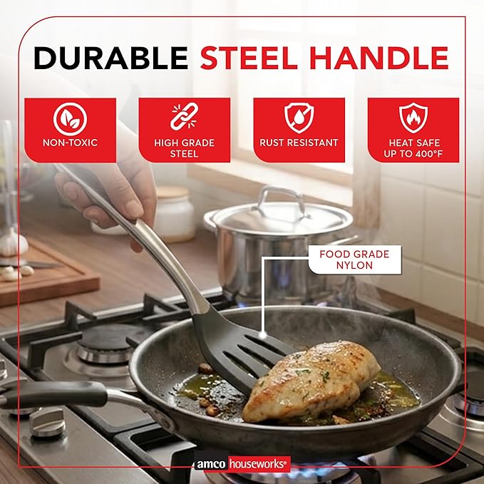 Amco 6-Piece Nylon Utensil Set - Heat-Resistant with Stainless Steel Handles - BPA-Free, Safe for Non-Stick Cookware - Dishwasher Safe Cooking Tools, Kitchen Essentials for Home & Restaurant Use - Image 3