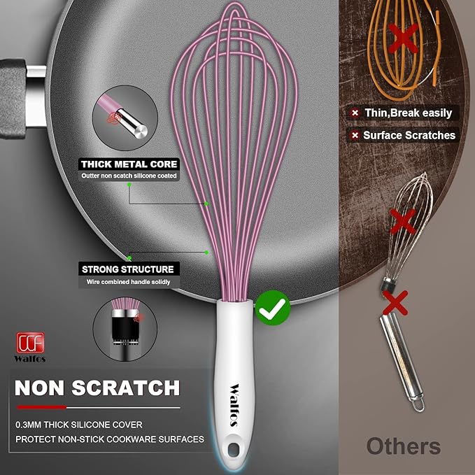 Walfos Whisk, Silicone Whisks for Cooking & Baking Non Scratch Rubber Coated Pink Whisk for Non-stick Wisk, Perfect for Frothing, Blending, Beating and Whisking (3pack Pink) - Image 2