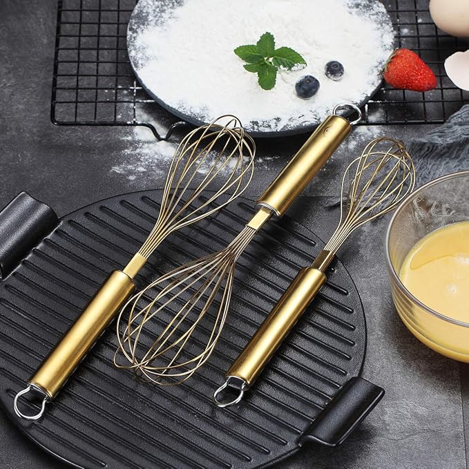 Berglander Gold Whisk Pack of 3 Stainless Steel 8",10",12", Titianium Plating Whisks for Cooking, Beater,Wire Whisk Set Kitchen Wisk (Gold) - Image 7
