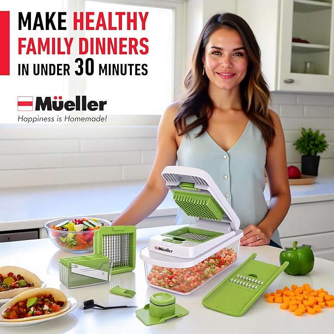 Mueller Pro-Series 10-in-1, 8 Blade Vegetable Chopper, Onion Mincer, Cutter, Dicer, Egg Slicer with Container, French Fry Cutter Potato Slicer, Home Essentials, Salad Chopper White Sand/Green - Image 9