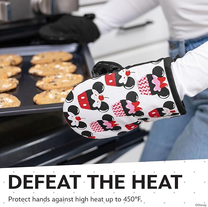 Disney Oven Mitts 2-Pack - 5.5” x 7.5” Heat-Resistant Mini Oven Mitts with Non-Slip Printed Silicone Disney Silhouettes - Pot Holders for Kitchen - Mickey & Minnie, Stitch, Winnie the Pooh